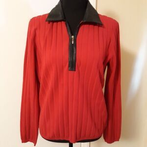 Dolce & Fabuloso Silk Blend Knit Sweater Faux Leather Collar 1/4 Zipper Large